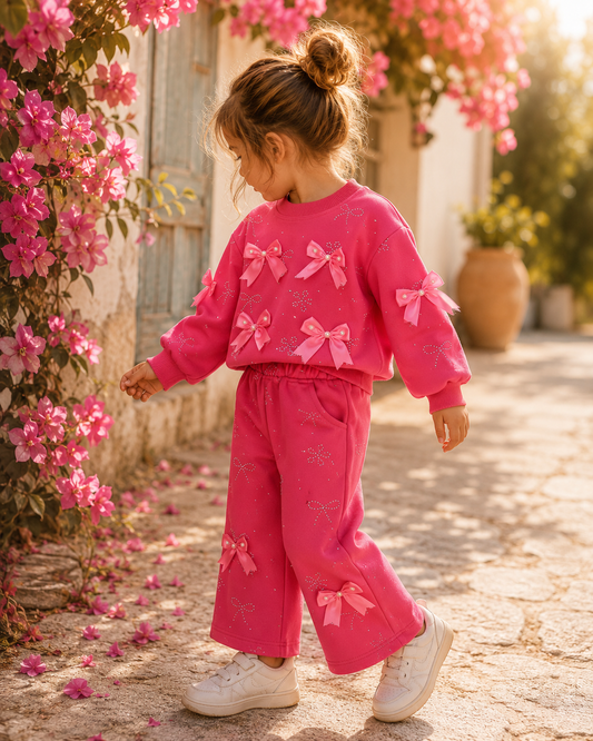 Meisjes setje met strikjes & wijduitlopende broek – lief & trendy 🎀✨