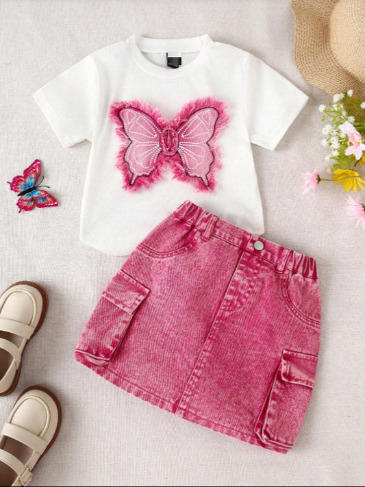 Corduroy rokje met vlinder shirt – 3 kleuren setje 🦋